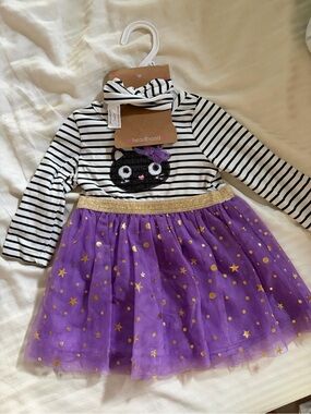 Purple Star Tulle Skirt & Striped Cat Top Kids dress and headband